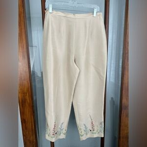 Vintage Andrea Viccaro Tan Floral Embroidered Pants 100% Silk Size 12 Zipper